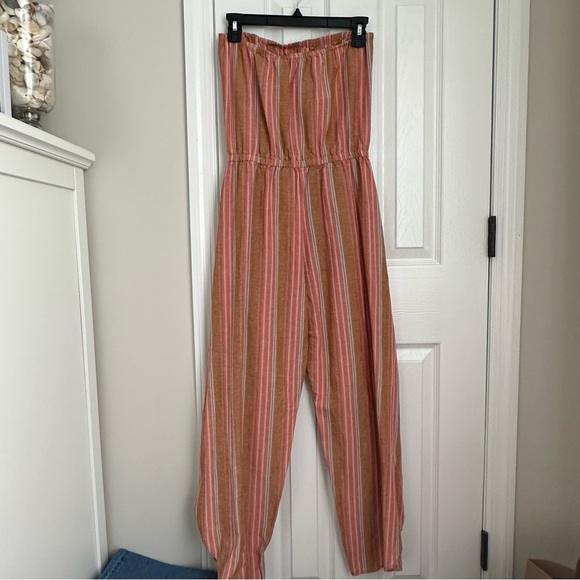 Anthropologie Drew Linen Strapless Jumpsuit Rainbow Stripe Split - Picture 2 of 6